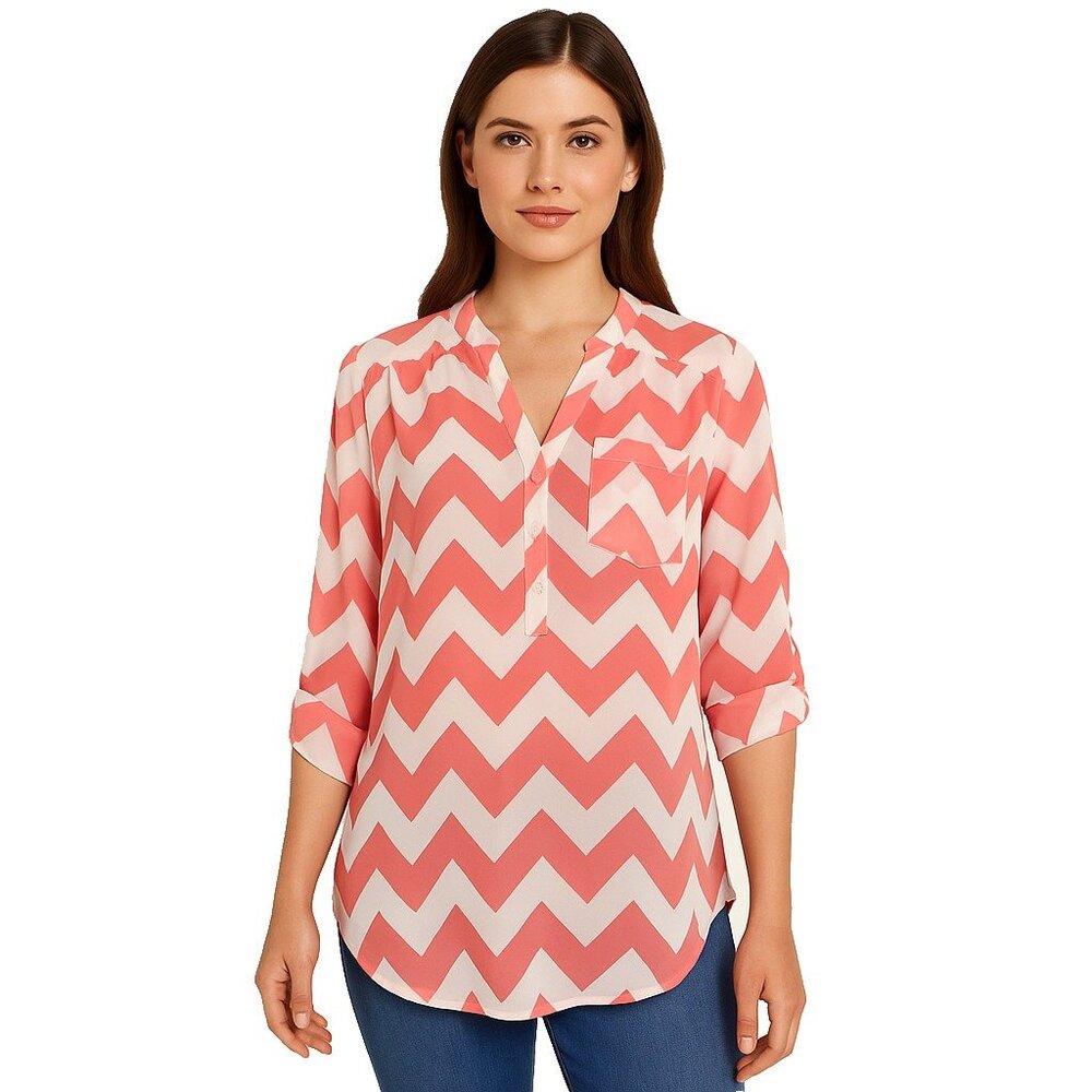 Styleholic Coral White Chevron Blouse Womens Small Sheer‎ Roll Tab Sleeve Top